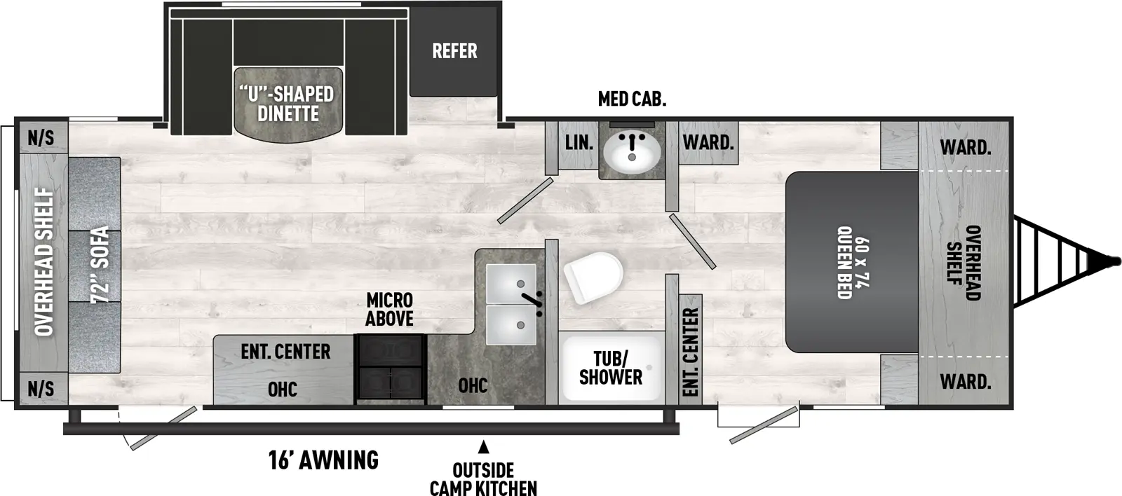 The 272RLS has one slideout and two entry doors. Exterior features outside camp kitchen and 16 foot awning. Interior layout front to back: foot-facing queen bed with overhead shelf, wardrobes on each side, wardrobe on off-door side, entry on door side, and entertainment center along inner wall; split pass through full bathroom with linen closet, medicine cabinet, and tub/shower; off-door side slideout with refrigerator and u-dinette; kitchen counter with sink wraps along inner wall to door side with cooktop, overhead cabinet and microwave, entertainment center, and second entry; rear sofa with overhead shelf and night stands on either side.